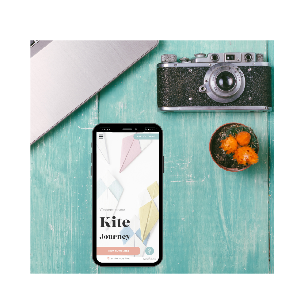 A phone displaying the Kite for Mums app next to a vintage camera and a plant